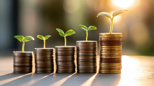 Stacks of coins with young plants growing, symbolizing financial growth and investment