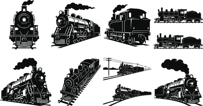Vintage steam train locomotive silhouettes set with old railroad engines in different angles and perspectives