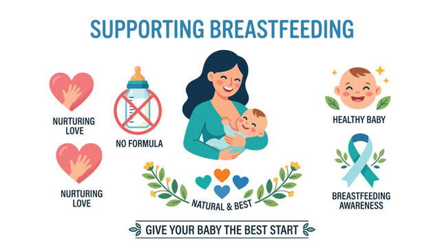 Educational graphic promoting maternal health through natural infant nursing and nurturing care for newborn development and wellbeing