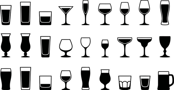 Set of various drinking glasses and cups icons, including wine glasses, beer glasses, cocktail glasses, and tumblers