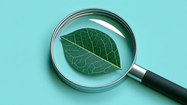 Magnifying glass enlarges vibrant green leaf veins against a pastel background