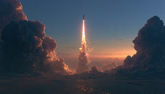 Majestic rocket ascends through dramatic, fiery clouds at sunset