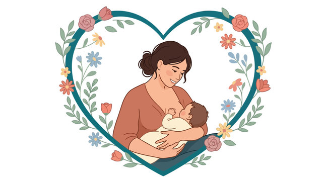 Illustration of a mother breastfeeding her infant baby within a decorative floral heart frame symbolizing love and motherhood