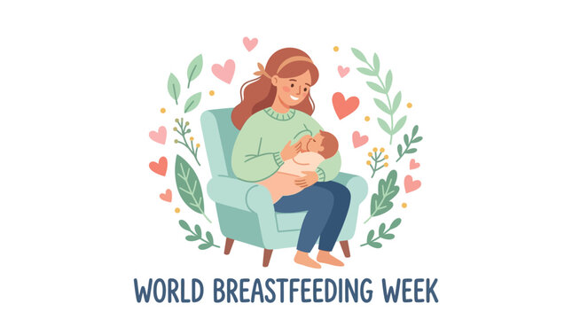 Mother breastfeeding her newborn baby while sitting on a chair for World Breastfeeding Week vector illustration