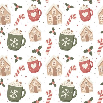 seamless pattern with coffee cups Cocoa with gingerbread cookies and candy canes with mistletoe on white background 