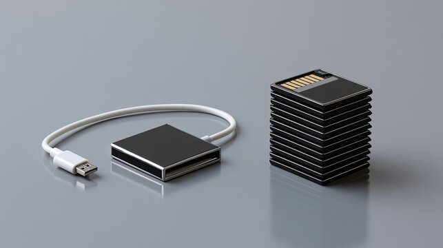 A stack of small black cards next to a white USB cable and black reader
