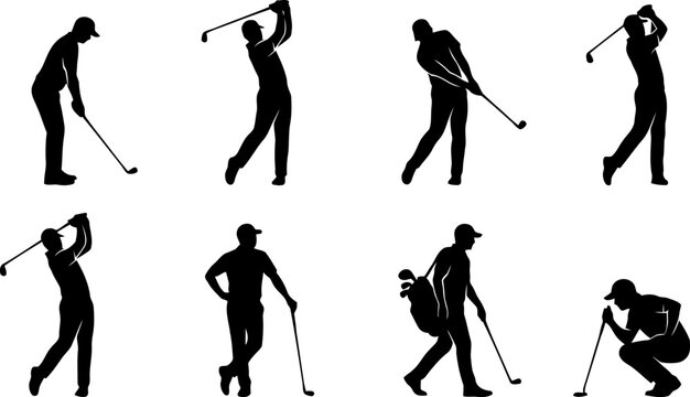 Golfers silhouettes set various poses of golf players