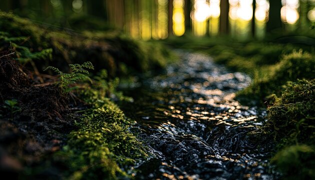 Gentle forest stream flows through mossy, sun-dappled woods
