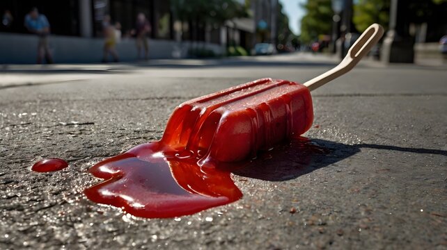 Melted red fruit popsicle dripping on a hot sun-baked concrete sidewalk.
