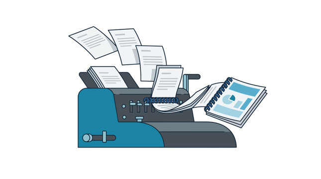 Vintage Blue Duplicator Machine with Flying Papers and Business Report Illustration