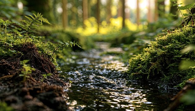 Gentle stream meanders through a sun-dappled, mossy forest floor