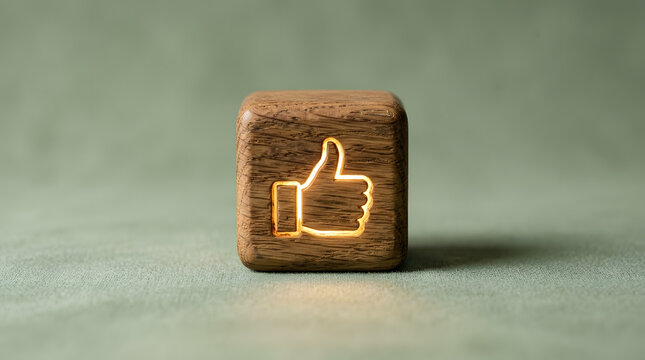 wooden cube with glowing thumbs up icon | social media like button symbol on wood | customer feedback and satisfaction concept | sustainable digital engagement icon