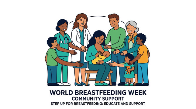 Vibrant Illustration Depicting Diverse Community Offering Comprehensive Support and Essential Education for Breastfeeding Mothers and Their Babies, Fostering Global Wellness