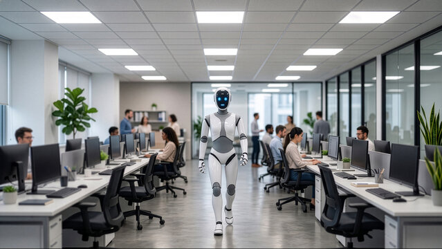 Humanoid Robot Walking Through Modern Open Plan Office Workplace