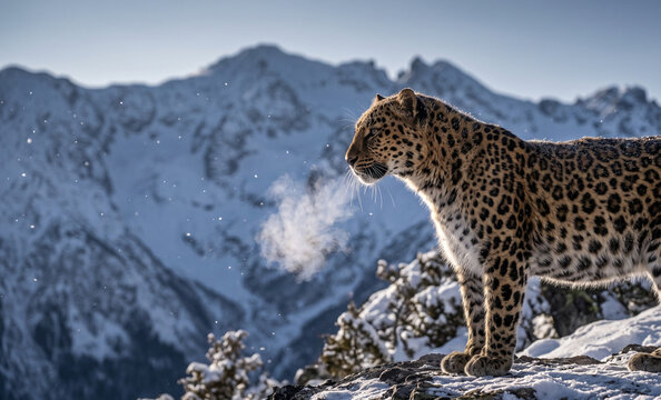Intense Side Profile of Amur Leopard in Winter Light