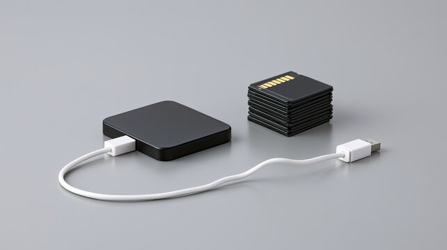Black tech gadget connected by white cable to stack of data cards