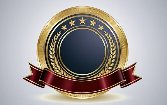 Golden award medallion with laurel leaves and red ribbon banner