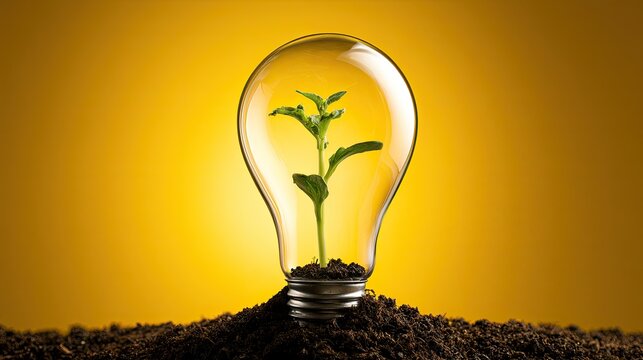 A small green plant grows inside a clear lightbulb, symbolizing new ideas