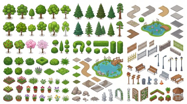 Create a comprehensive isometric vector asset pack featuring a wide variety of nature and park elements arranged in a clean catalog layout on a white background. Include lush deciduous trees, conifero