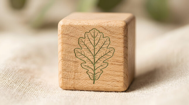 Natural wooden block with engraved oak leaf | Eco-friendly wooden toy for children | Sustainable home decor wooden cube | Minimalist organic leaf design on wood