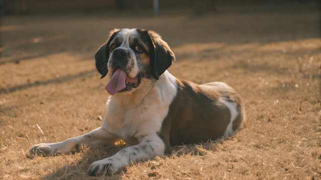 A happy saint bernard dog resting on dry grass in the sunlight with portrait sunlight domestic pedigree watchful lighting environment companion