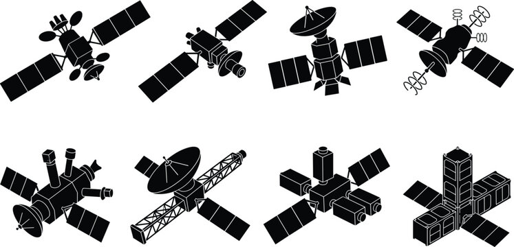 Satellite Silhouette Collection with Communication Spacecraft and Orbital Technology Vector Set