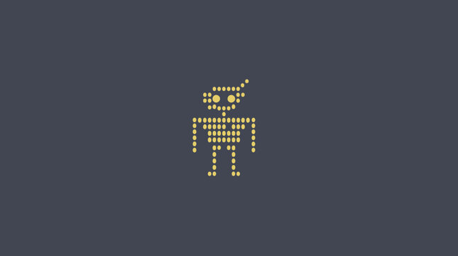 Small yellow pixel art robot character on dark background.