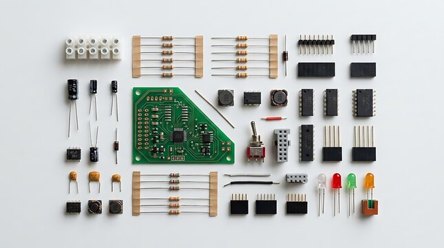 A collection of electronic components arranged for a project involving the electron of traffic light tai system development and circuitry design