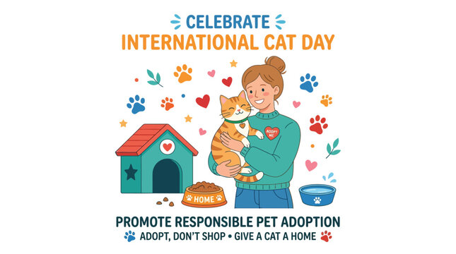 Poster illustration of a woman hugging a ginger cat for pet adoption awareness and animal welfare promotion