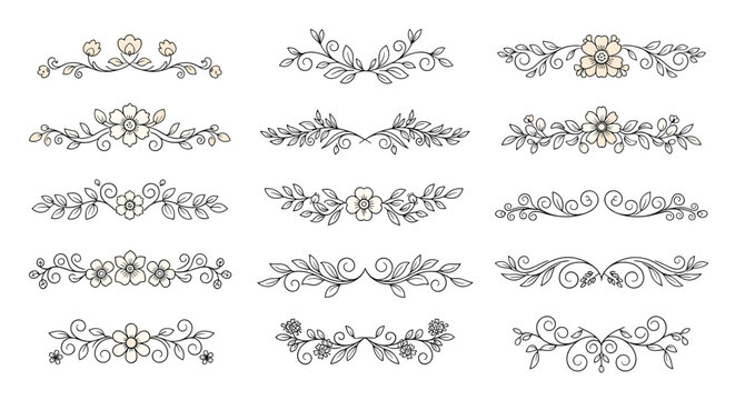 Large collection of hand drawn floral dividers and decorative page borders with delicate blossoms and leaves.