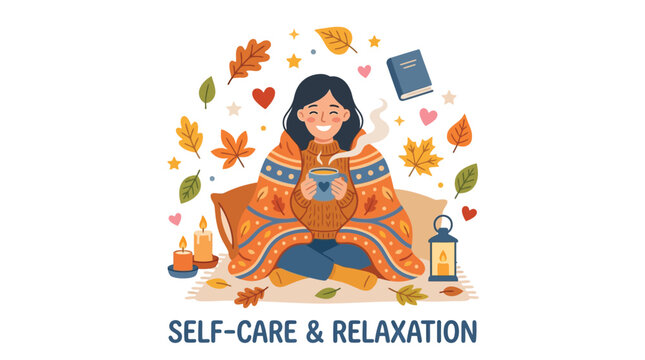 Cozy Autumn Self-Care Illustration of a Happy Girl Relaxing with a Warm Drink and Blanket