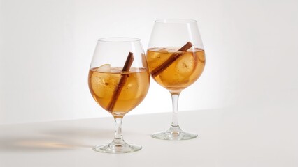 Fototapeta premium Two glasses of iced tea with lemon and cinnamon sticks on a white background. Refreshing beverage, summer drink, and cool drink.