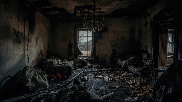 Abandoned and burned interior of a room with damaged walls, charred furniture, and broken windows, suggesting fire damage and neglect.