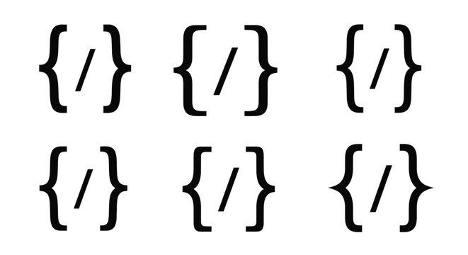 Six different styles of black curly brackets containing a slash symbol isolated on a clean white background.