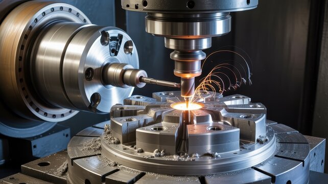 Industrial CNC milling machine cutting steel part, precision metalwork with flying sparks, automated lathe manufacturing process in factory