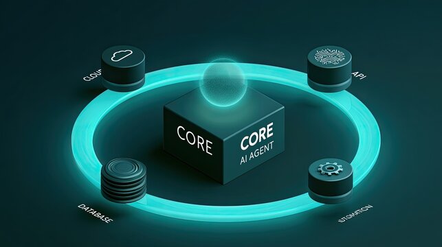 Abstract glowing core AI agent with data sources in a circular flow