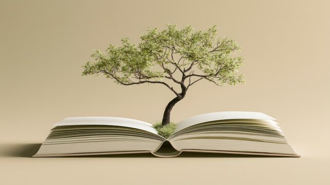 A lush green tree sprouts from an open book, symbolizing knowledge growth