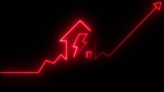 Home icon sign neon lights animation with up arrow battery charging power icon. Neon House, home building animation. Neon home business graph animation, Lightning,house sign neon
