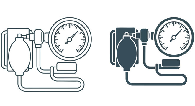 Line art illustrations of sphygmomanometers medical blood pressure gauges on a white background