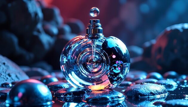 Surreal glass perfume bottle with floating droplet on wet stones under neon blue and pink lighting.