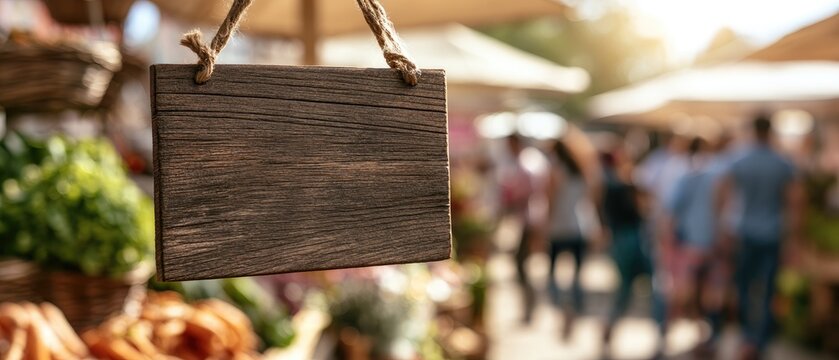 Rustic wooden sign hangs at a busy outdoor market, announcing the wares