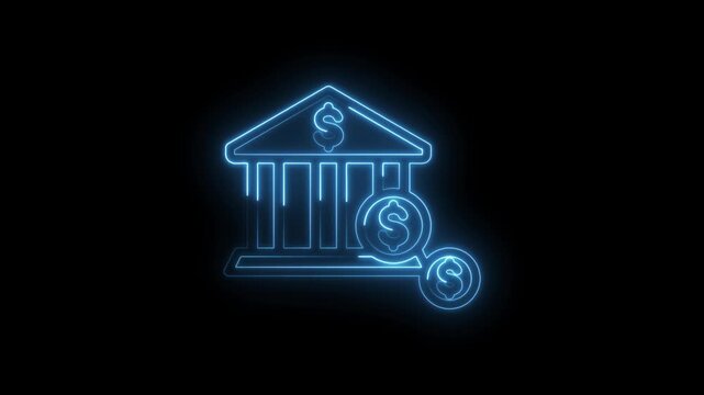 Glowing blue neon bank building icon with dollar signs and coins on black background financial