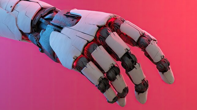 Articulated robotic hand with intricate mechanical detail, illuminated by neon glow