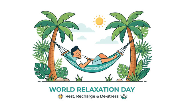 Idyllic tropical relaxation scene illustration A content person peacefully unwinding in a hammock between palm trees under bright sun, symbolizing a perfect rest and personal recharge