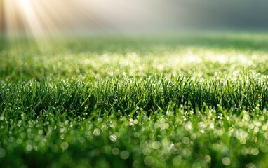 Fototapeta premium Dew drops sparkle on lush green grass bathed in warm morning sunlight