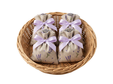 Four linen lavender sachets with purple ribbons in a wicker basket isolated on transparent background