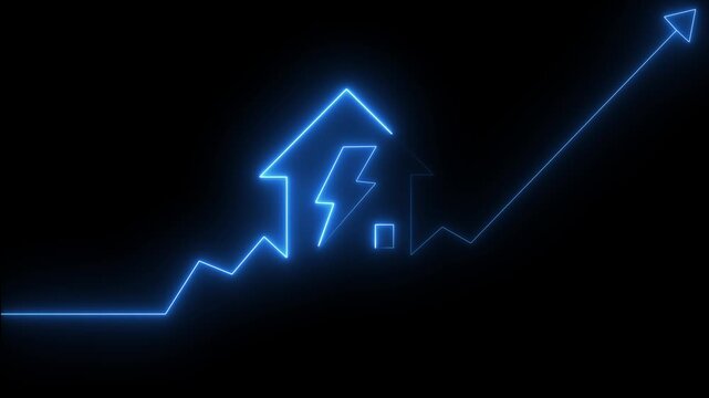 Home icon sign neon lights animation with up arrow battery charging power icon. Neon House, home building animation. Neon home business graph animation, Lightning,house sign neon