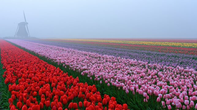 Rows of vibrant red, pink, purple, yellow tulips lead to a distant windmill in fog