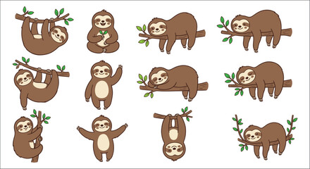 Collection of cartoon sloths in various poses a vector illustration on a white background sloth © vectors home