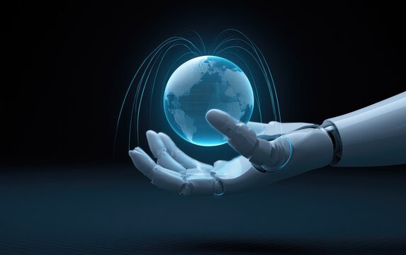 Robotic hand cradles glowing digital globe, data streams radiating upwards